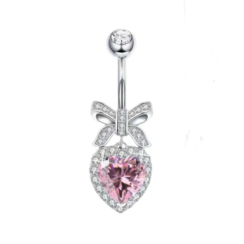 Pink CZ Bow Hearts Belly Button Ring Cubic Zirconia Teardrop Hearts Bowknot Dangle Navel Piercing