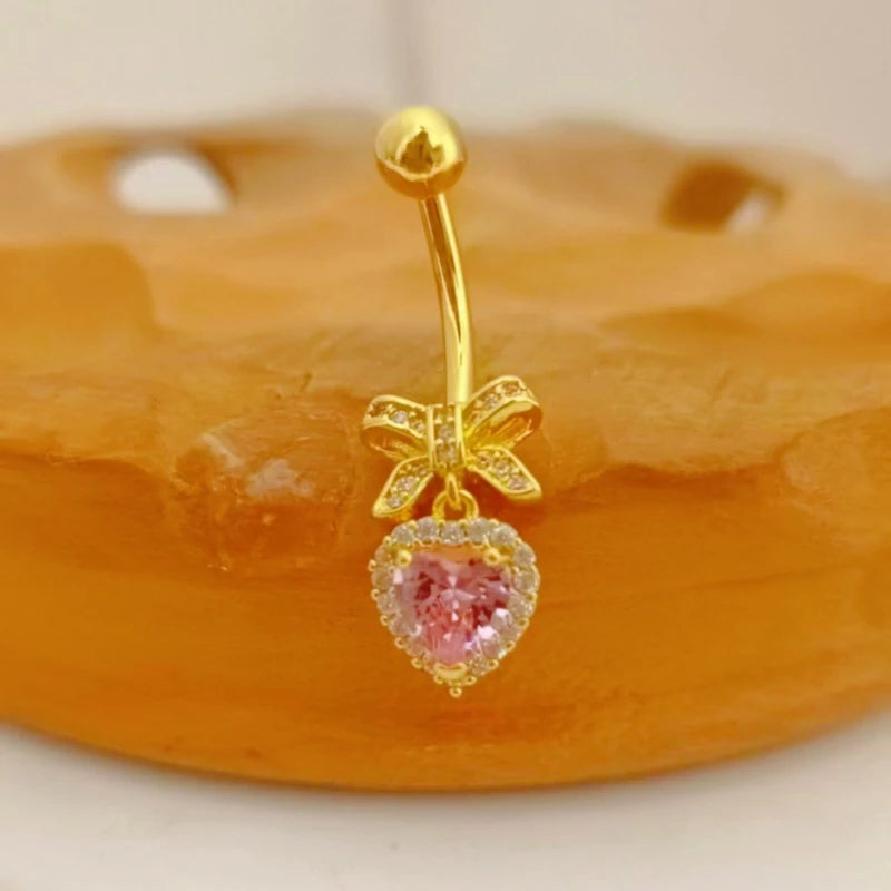 Pink CZ Bow Hearts Belly Button Ring Cubic Zirconia Teardrop Hearts Bowknot Dangle Navel Piercing