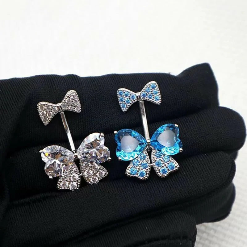 Pink Dainty Mesh Bow Sparkle Gem Cubic Zirconia Navel Dangle Belly Button Ring