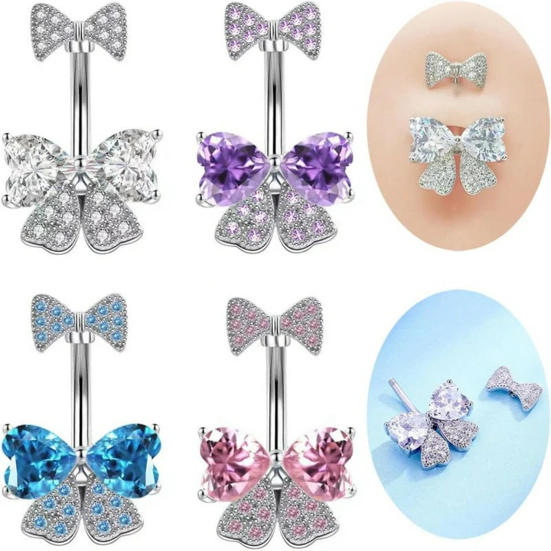 Pink Dainty Mesh Bow Sparkle Gem Cubic Zirconia Navel Dangle Belly Button Ring