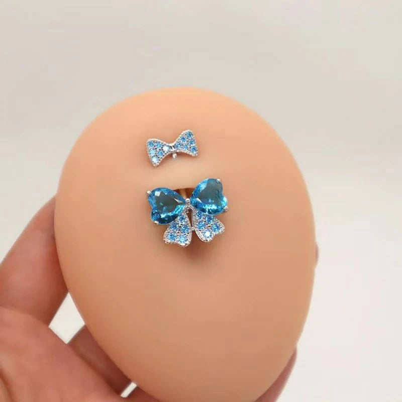 Pink Dainty Mesh Bow Sparkle Gem Cubic Zirconia Navel Dangle Belly Button Ring