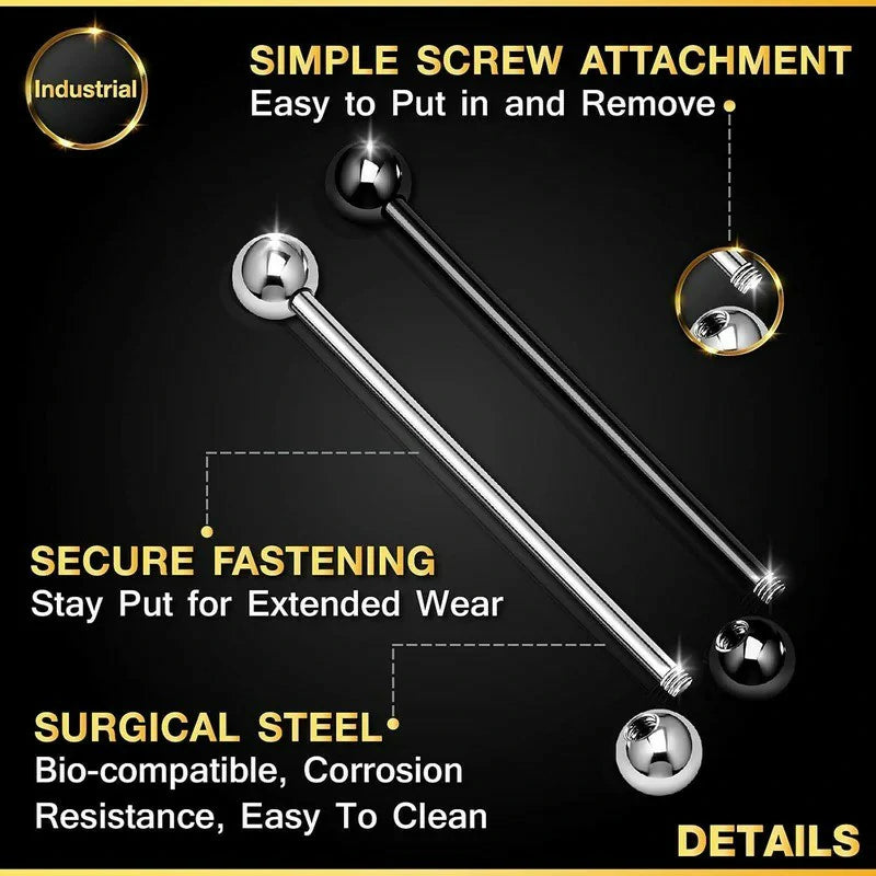 2PCS Stainless Steel Industrial Barbell Stud Scaffolding 14 Gauge 1 1/2 38mm 5mm Ball Earring