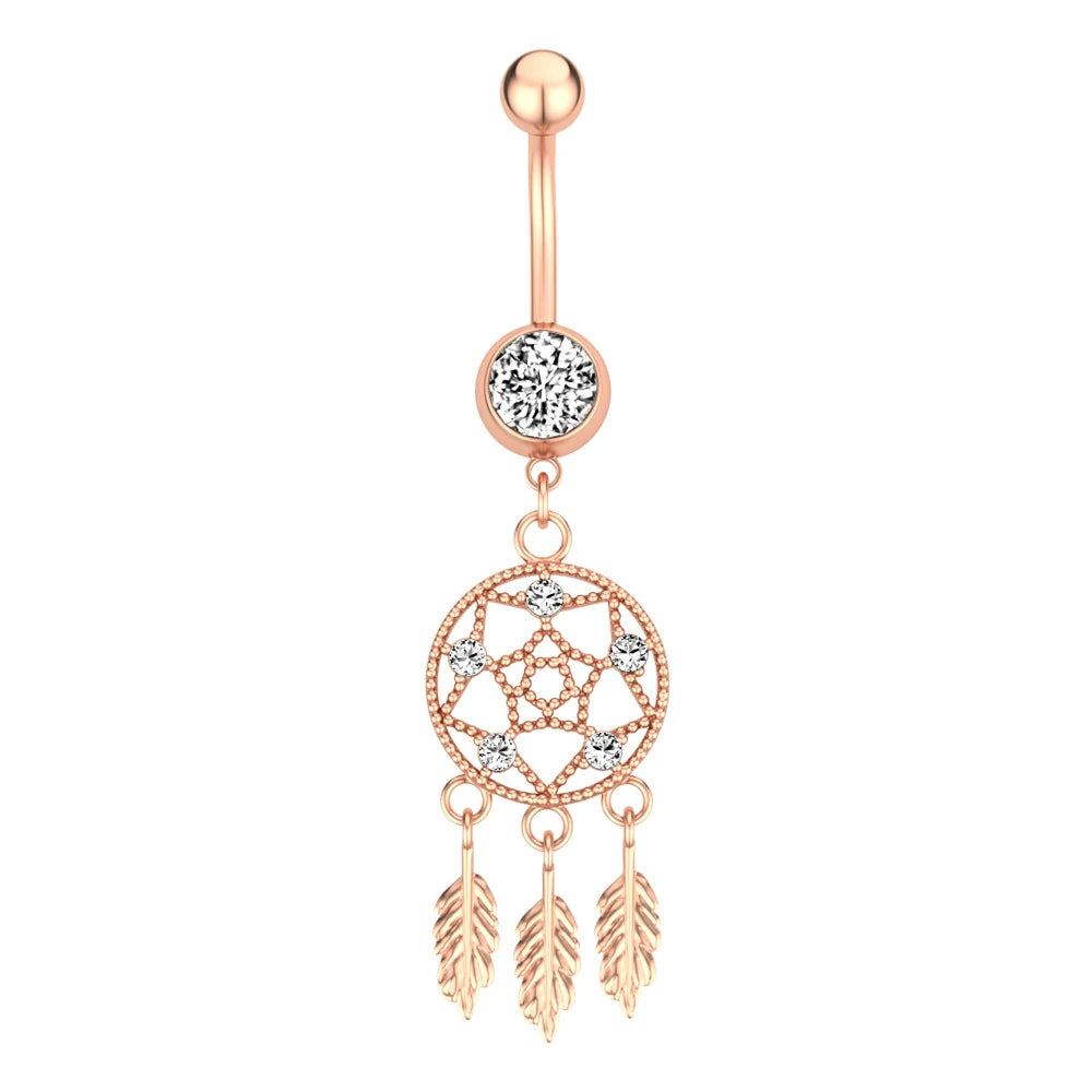 Surgical Steel Double Jeweled Dream Catcher Feathers Dangle Belly Button Ring