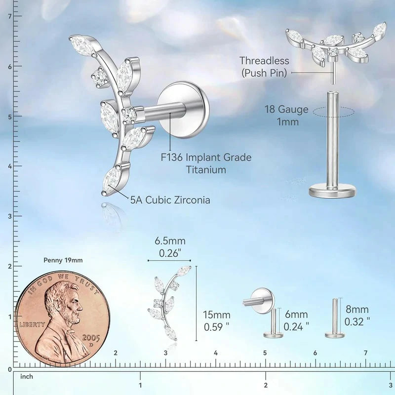 F136 Threadless Push in Titanium Earrings,Hypoallergenic Flat Back Cubic Zirconia