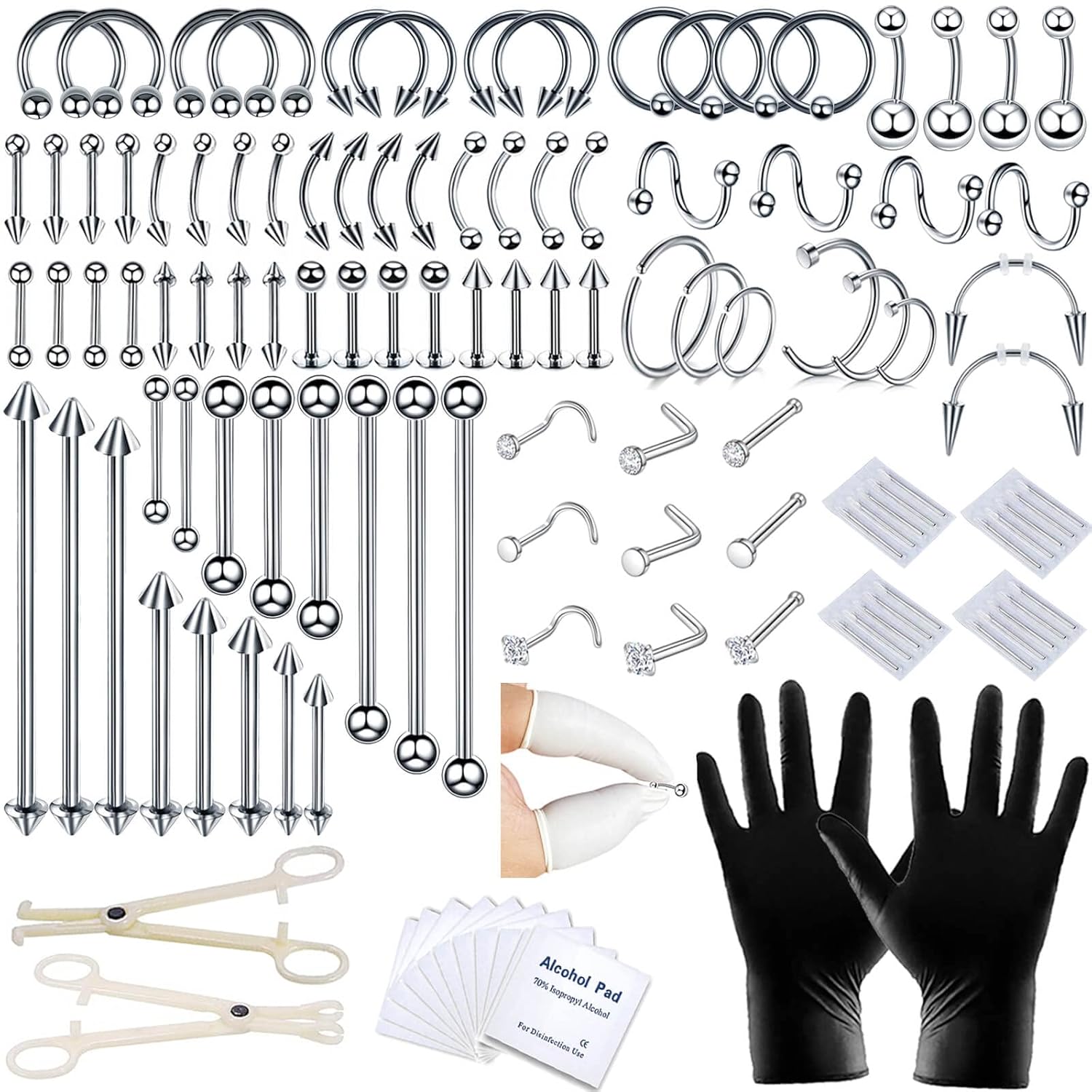 A - minusone 84PCS Body Septum Piercing Kit 14G 16G Tools for Nose Tongue Lip Ear Eyebrow Belly Button Cartilage Tragus Industrial Barbell Helix Daith Piercing Jewelry Clamps - QIAO CrystalQIAO CrystalQIAO Crystal