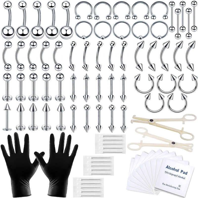 A - minusone 84PCS Body Septum Piercing Kit 14G 16G Tools for Nose Tongue Lip Ear Eyebrow Belly Button Cartilage Tragus Industrial Barbell Helix Daith Piercing Jewelry Clamps - QIAO CrystalQIAO CrystalQIAO Crystal