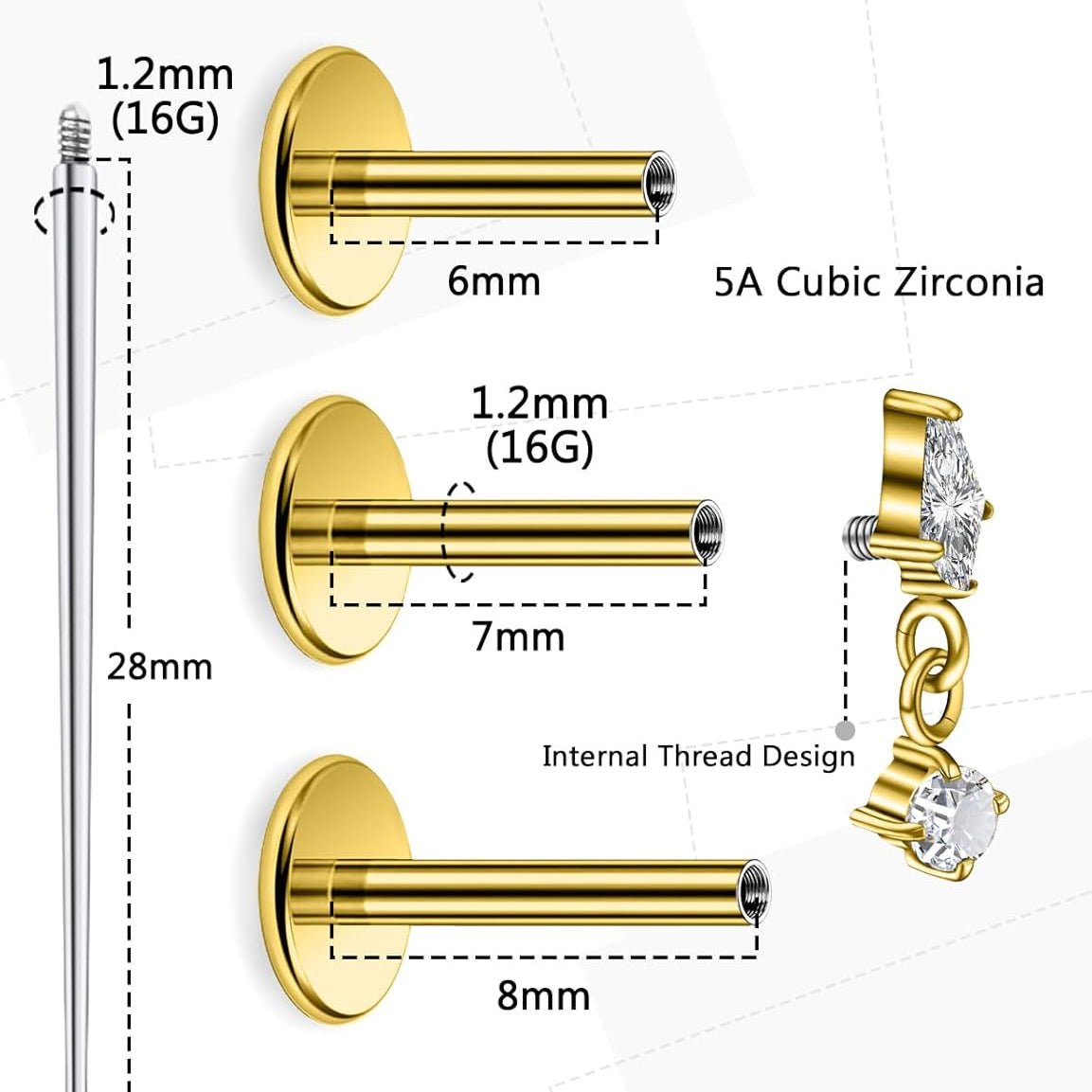Astm F136 Titanium Internally Threaded Flat Back Earrings Tragus Helix Conch - QIAO CrystalQIAO CrystalQIAO Crystal