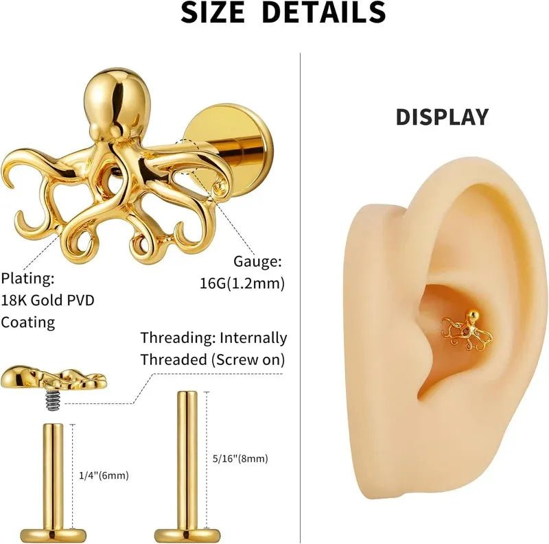 ASTM F136 Titanium Octopuses Piercings Jewelry with 6mm 8mm Post for Conch Helix Flat - QIAO CrystalQIAO CrystalQIAO Crystal