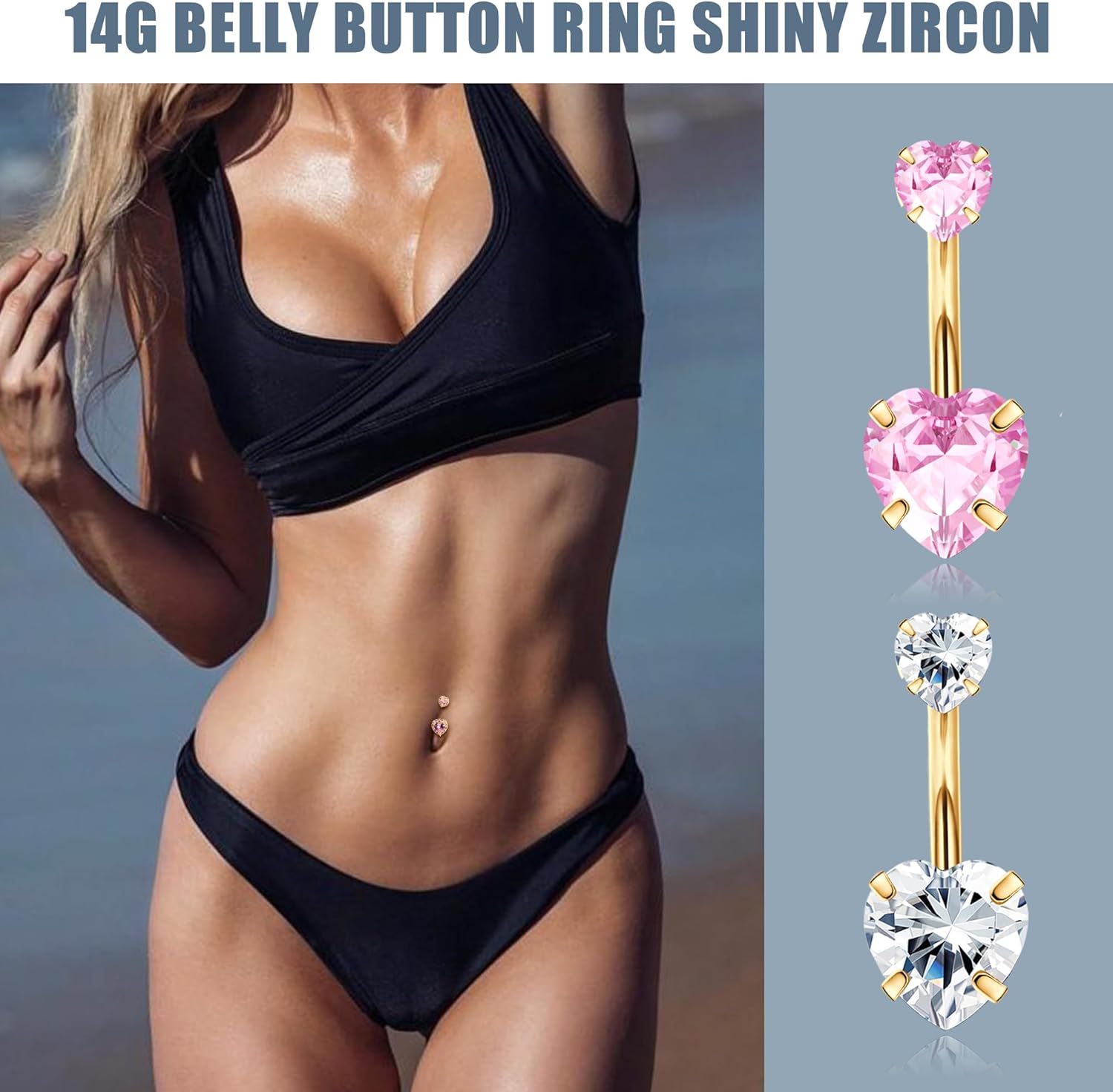 Belly Buton Ring Surgical Stainless Steel Belly Button Rings Hypoallergenic Belly Rings for Women Cute Pink CZ Heart Clicker Belly Button Piercings Navel Piercings Jewelry - 我的商店我的商店我的商店