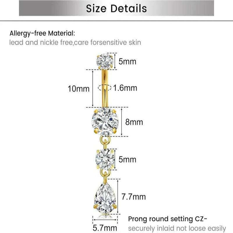 Belly Button Ring Clear CZ Dangle Belly Button Piercing Belly Rings Dangle Belly Button Rings Surgical Steel Teardrop Dangle Belly Button Jewelry for Women Silver Gold