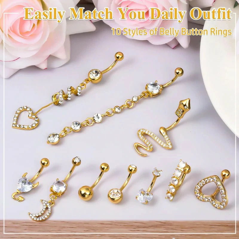 10 PCS 14G Surgical Steel Belly Button Rings Barbell Jewelry Rings Bulk for Body Piercing