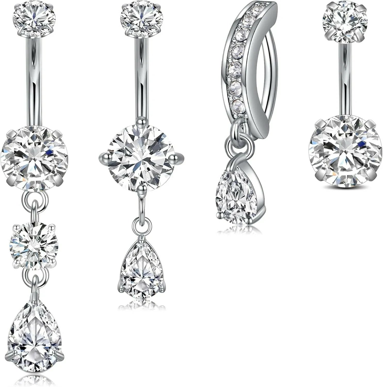 Belly Button Ring Clear CZ Dangle Belly Button Piercing Belly Rings Dangle Belly Button Rings Surgical Steel Teardrop Dangle Belly Button Jewelry for Women Silver Gold