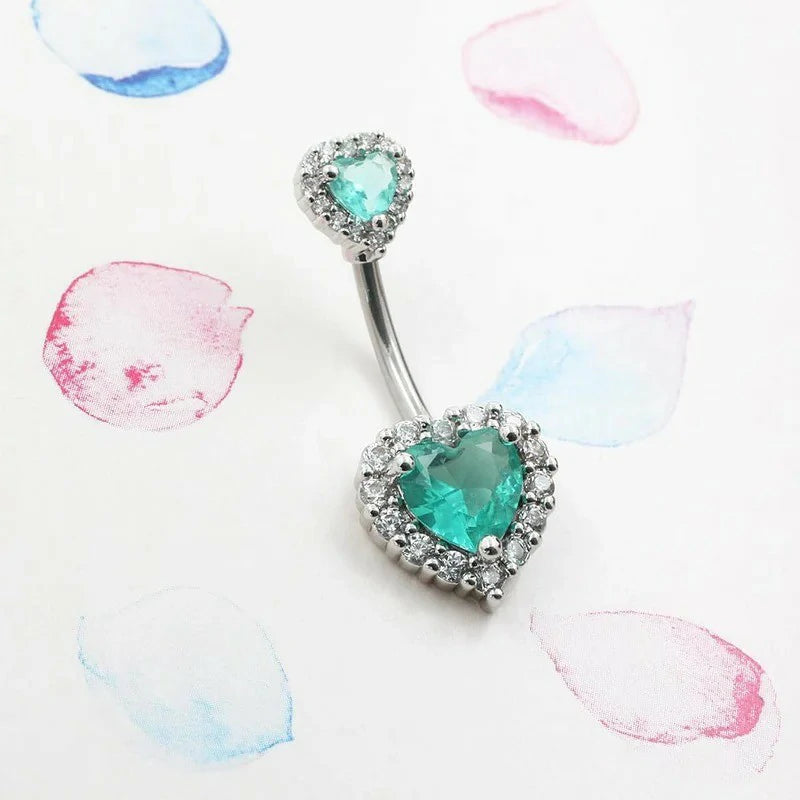 Belly Button Ring Belly Piercing Heart CZ Lake Green Stainless Steel