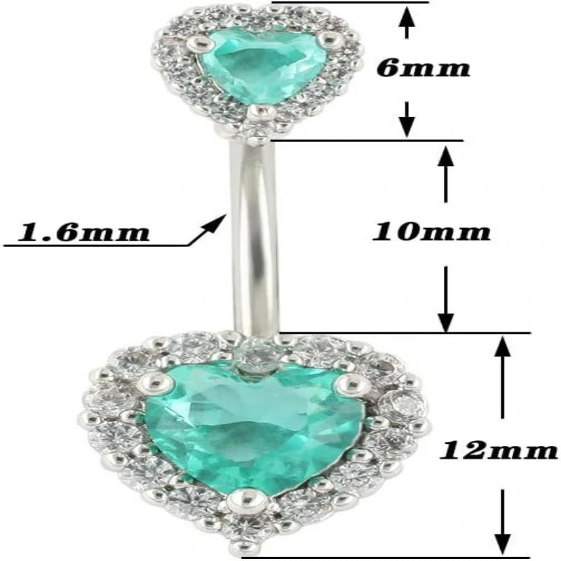 Belly Button Ring Belly Piercing Heart CZ Lake Green Stainless Steel