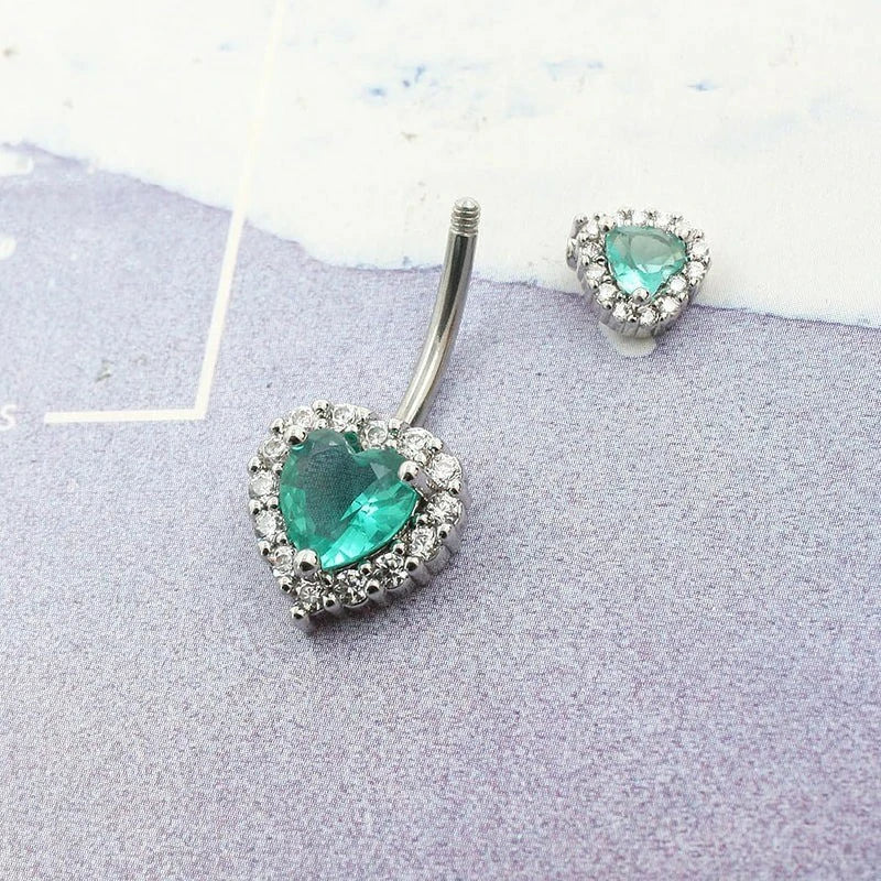Belly Button Ring Belly Piercing Heart CZ Lake Green Stainless Steel