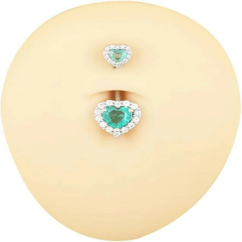Belly Button Ring Belly Piercing Heart CZ Lake Green Stainless Steel