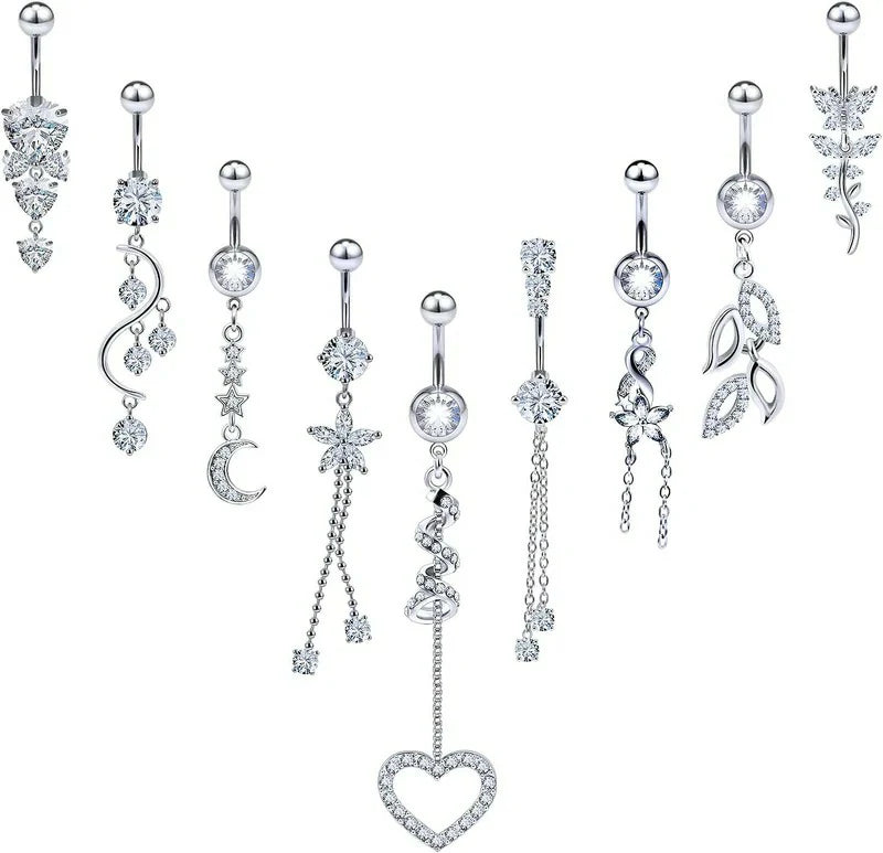 Belly Button Ring Navel Dangling Piercing Jewelry 14g Silver Rose Gold Rainbow Surgical Steel Nickel Free Hypoallergenic