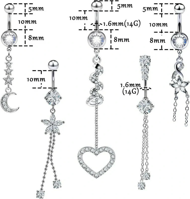 Belly Button Ring Navel Dangling Piercing Jewelry 14g Silver Rose Gold Rainbow Surgical Steel Nickel Free Hypoallergenic