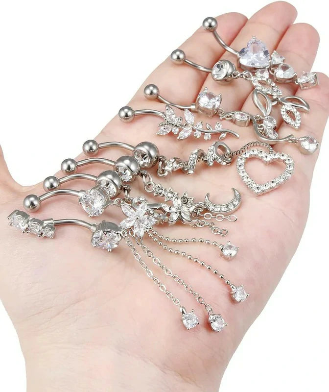 Belly Button Ring Navel Dangling Piercing Jewelry 14g Silver Rose Gold Rainbow Surgical Steel Nickel Free Hypoallergenic