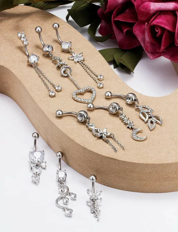 Belly Button Ring Navel Dangling Piercing Jewelry 14g Silver Rose Gold Rainbow Surgical Steel Nickel Free Hypoallergenic