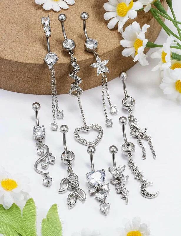 Belly Button Ring Navel Dangling Piercing Jewelry 14g Silver Rose Gold Rainbow Surgical Steel Nickel Free Hypoallergenic