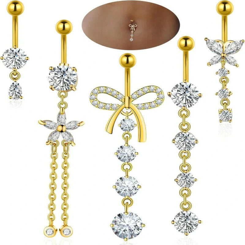 Gold Plated Silver Pink Clear CZ Belly Rings Heart Bow Flower Butterfly Teardrop Dangle