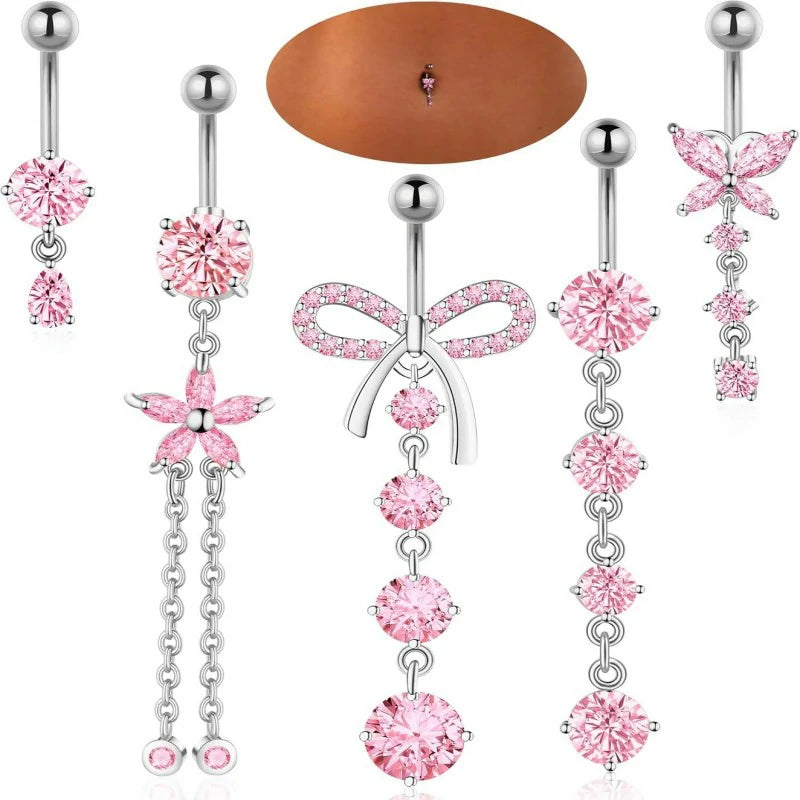 Gold Plated Silver Pink Clear CZ Belly Rings Heart Bow Flower Butterfly Teardrop Dangle