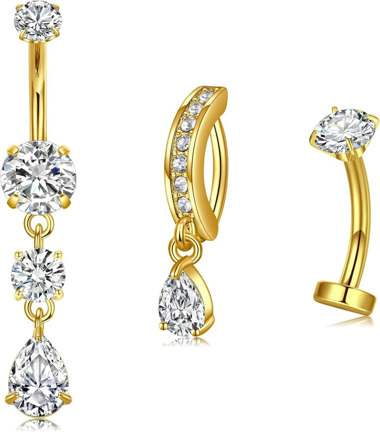 Belly Button Ring Clear CZ Dangle Belly Button Piercing Belly Rings Dangle Belly Button Rings Surgical Steel Teardrop Dangle Belly Button Jewelry for Women Silver Gold