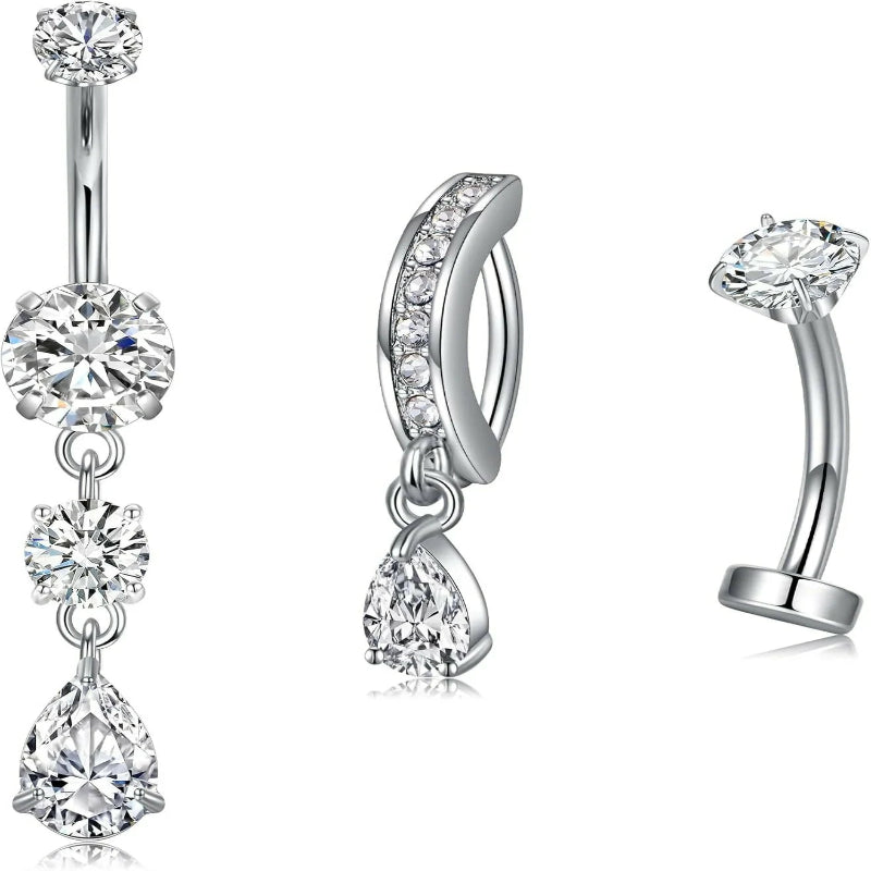 Belly Button Ring Clear CZ Dangle Belly Button Piercing Belly Rings Dangle Belly Button Rings Surgical Steel Teardrop Dangle Belly Button Jewelry for Women Silver Gold