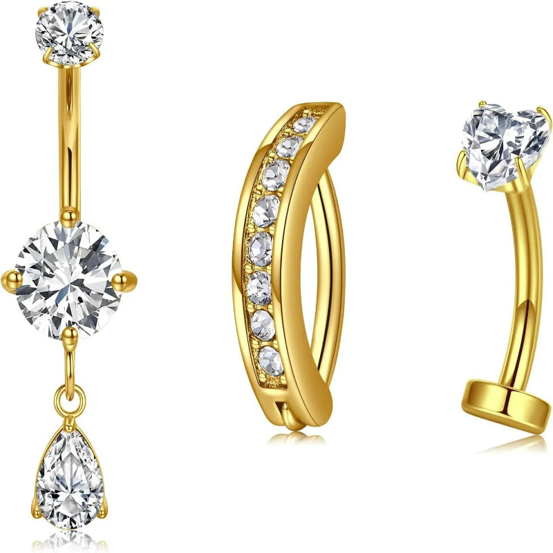 Belly Button Ring Clear CZ Dangle Belly Button Piercing Belly Rings Dangle Belly Button Rings Surgical Steel Teardrop Dangle Belly Button Jewelry for Women Silver Gold