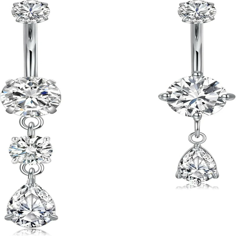 Belly Button Ring Clear CZ Dangle Belly Button Piercing Belly Rings Dangle Belly Button Rings Surgical Steel Teardrop Dangle Belly Button Jewelry for Women Silver Gold
