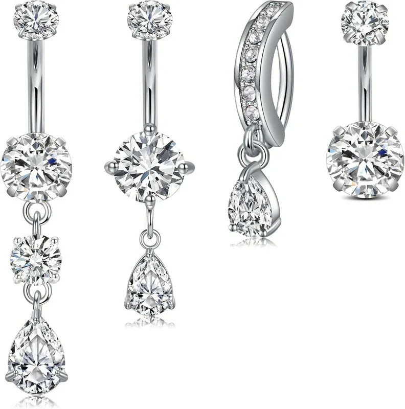 Belly Button Ring Clear CZ Dangle Belly Button Piercing Belly Rings Dangle Belly Button Rings Surgical Steel Teardrop Dangle Belly Button Jewelry for Women Silver Gold