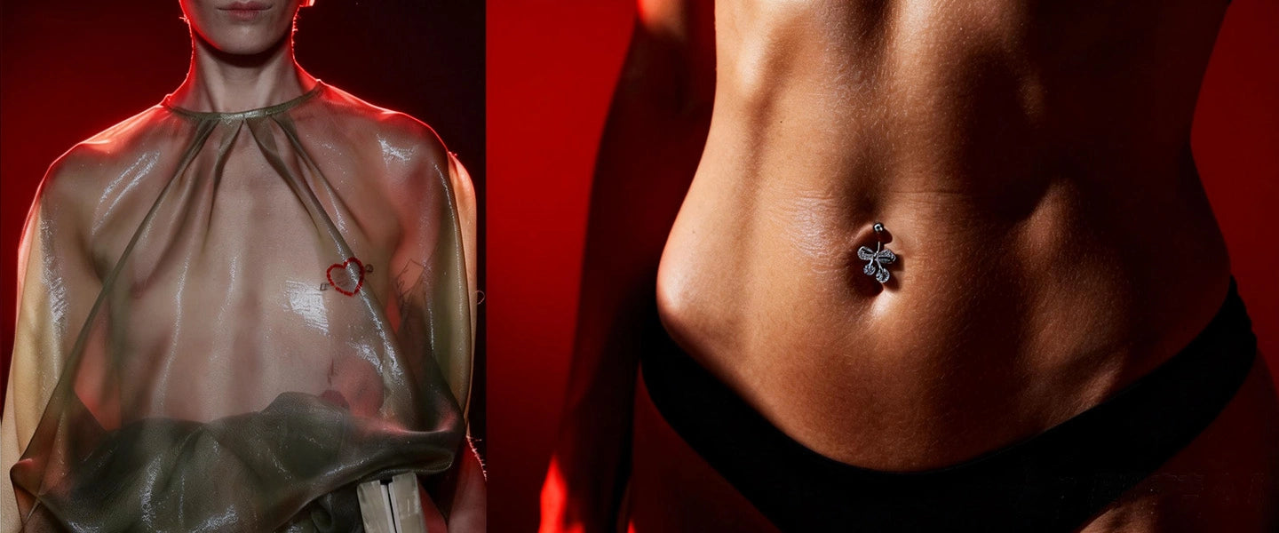 Two product demonstration photos side by side. The left image is a close-up of a model wearing a nipple ring piercing. The right image is a close-up of a model wearing a curved barbell navel piercing with a bow-shaped end.
