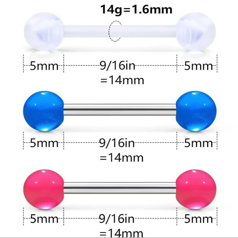Flexible Bioplast Glow in The Dark 14G 14/16mm Bars Nipple Bridge Tongue Rings Piercing
