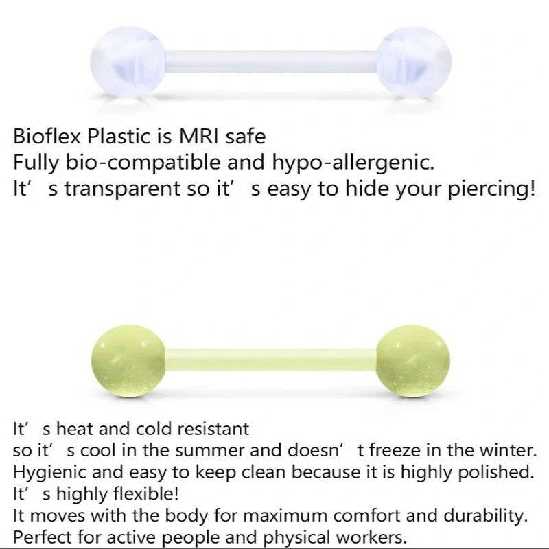 Flexible Bioplast Glow in The Dark 14G 14/16mm Bars Nipple Bridge Tongue Rings Piercing