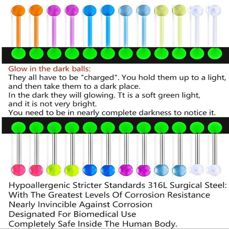 Flexible Bioplast Glow in The Dark 14G 14/16mm Bars Nipple Bridge Tongue Rings Piercing