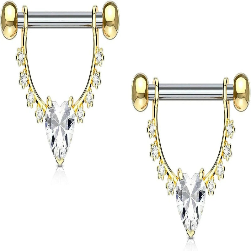 Surgical Steel 1/2 Inch (12mm) D-Ring Style CZ Heart Dangle Nipple Barbells
