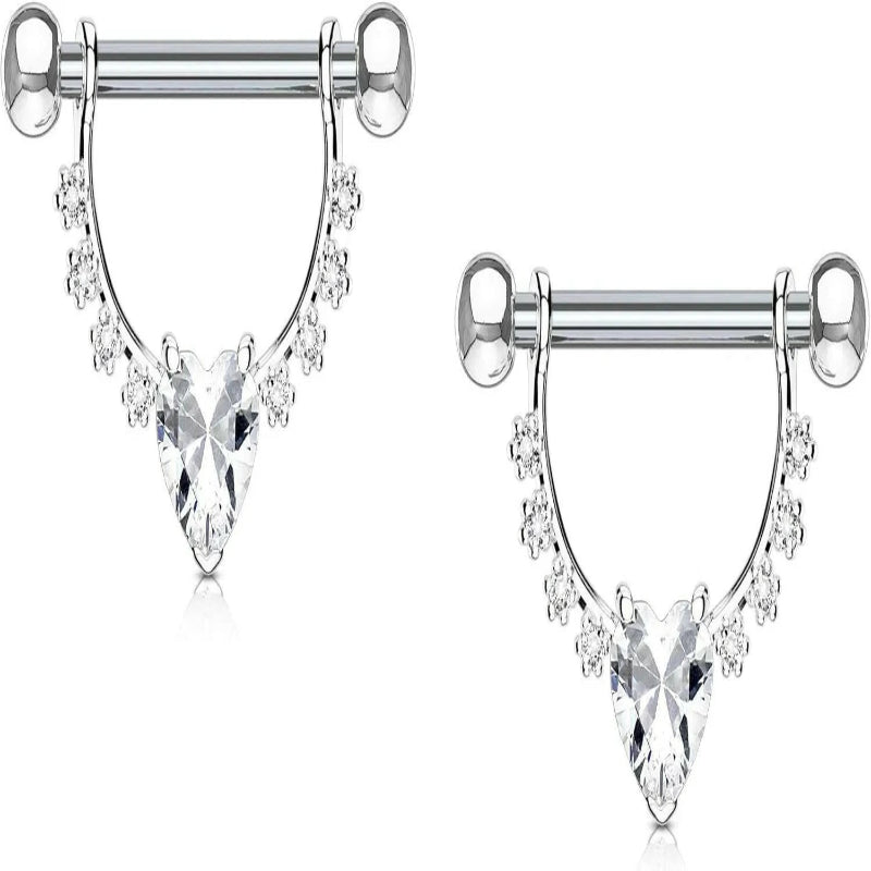 Surgical Steel 1/2 Inch (12mm) D-Ring Style CZ Heart Dangle Nipple Barbells