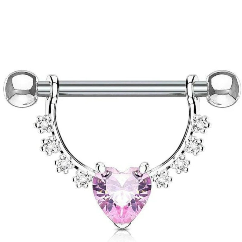 Surgical Steel 1/2 Inch (12mm) D-Ring Style CZ Heart Dangle Nipple Barbells