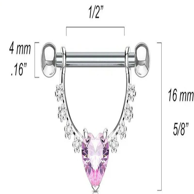 Surgical Steel 1/2 Inch (12mm) D-Ring Style CZ Heart Dangle Nipple Barbells