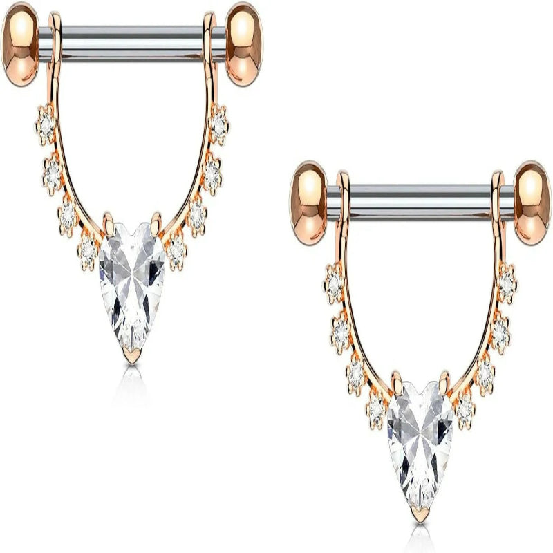 Surgical Steel 1/2 Inch (12mm) D-Ring Style CZ Heart Dangle Nipple Barbells