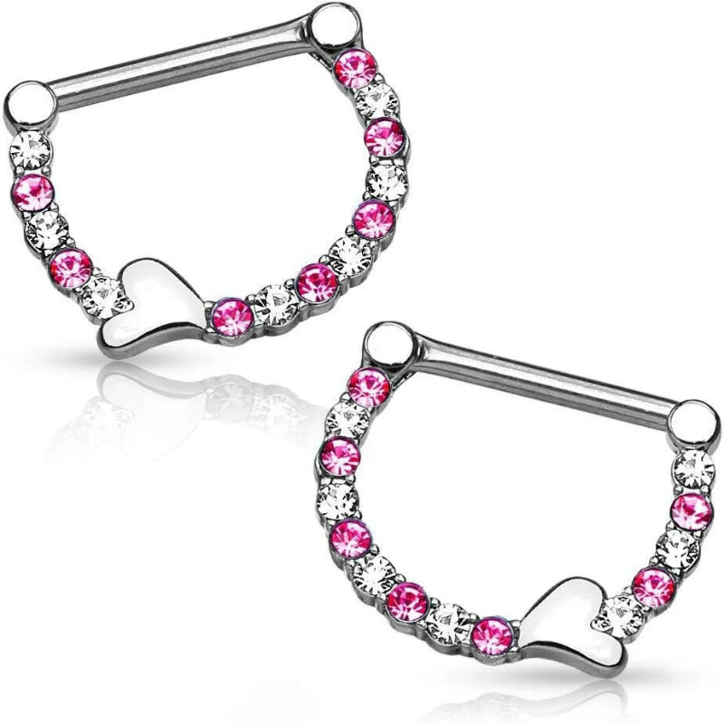 Body Jewelry Pair of Surgical Steel 1/2 Inch CZ Crystal Lined Sweetheart Nipple Ring Clikers