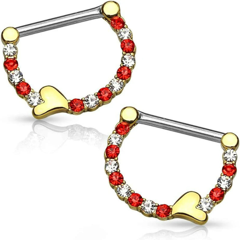 Body Jewelry Pair of Surgical Steel 1/2 Inch CZ Crystal Lined Sweetheart Nipple Ring Clikers