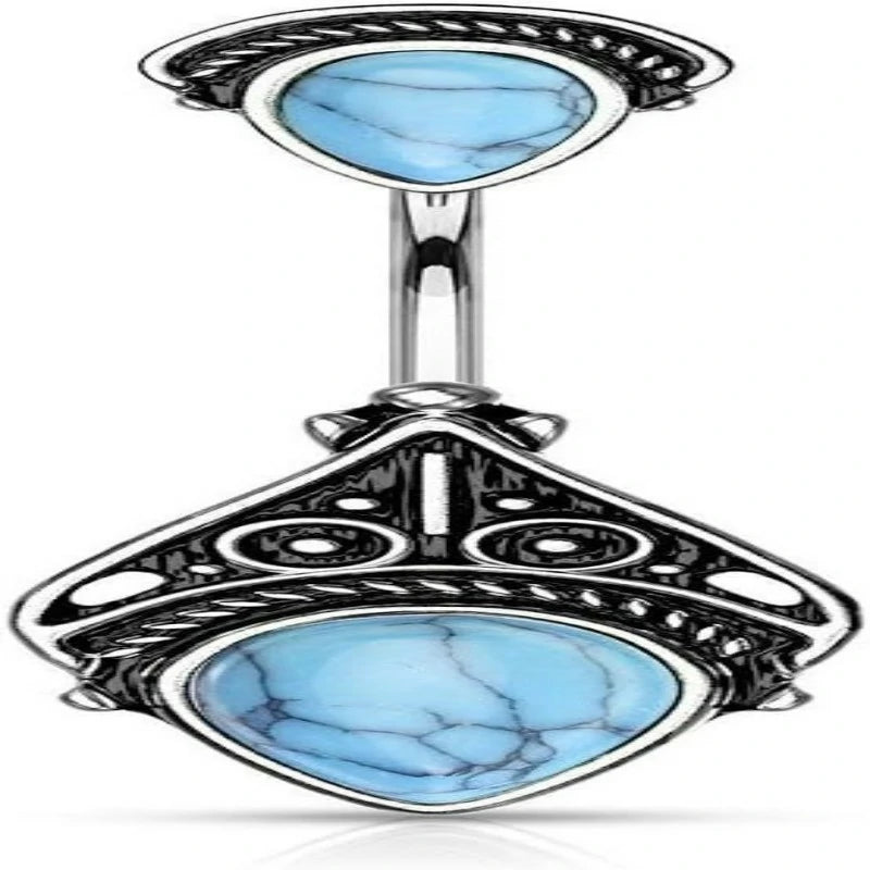 Body Jewelry Surgical Steel Tribal Vintage Filigree Belly Button Ring with Faux Semi-Precious Stones