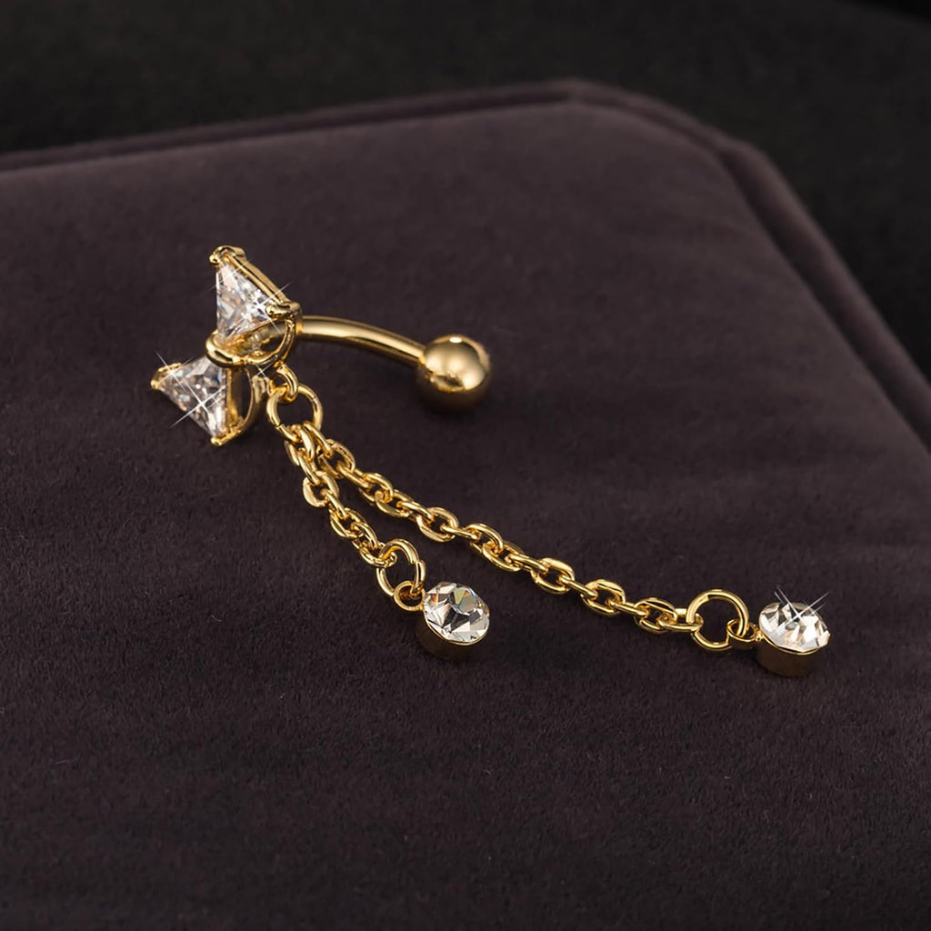 Bow Belly Button Rings 14G Surgical Stainless Steel Gold Reverse Dangle Navel Barbell Stud Cubic Zirconia Body Piercing - QIAO CrystalQIAO CrystalQIAO Crystal