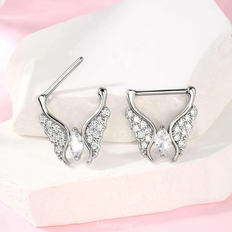 14G 316L 14MM Stainless Steel Butterfly Nipple Clicker Clear CZ Nipple Jewelry