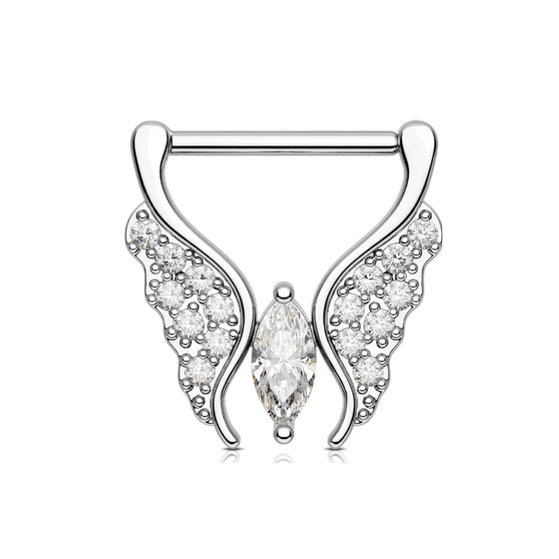 14G 316L 14MM Stainless Steel Butterfly Nipple Clicker Clear CZ Nipple Jewelry