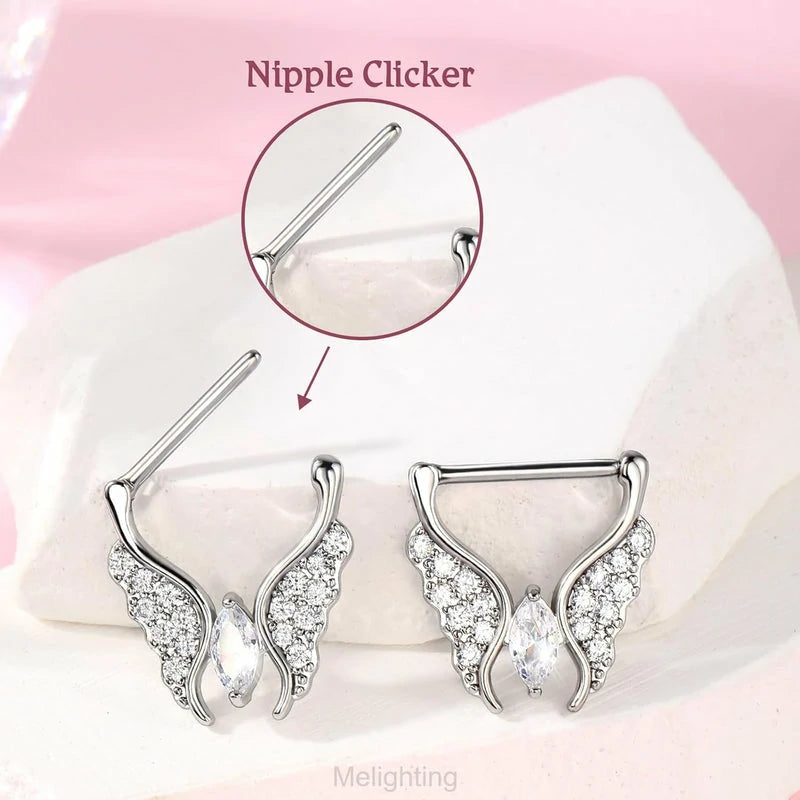 14G 316L 14MM Stainless Steel Butterfly Nipple Clicker Clear CZ Nipple Jewelry
