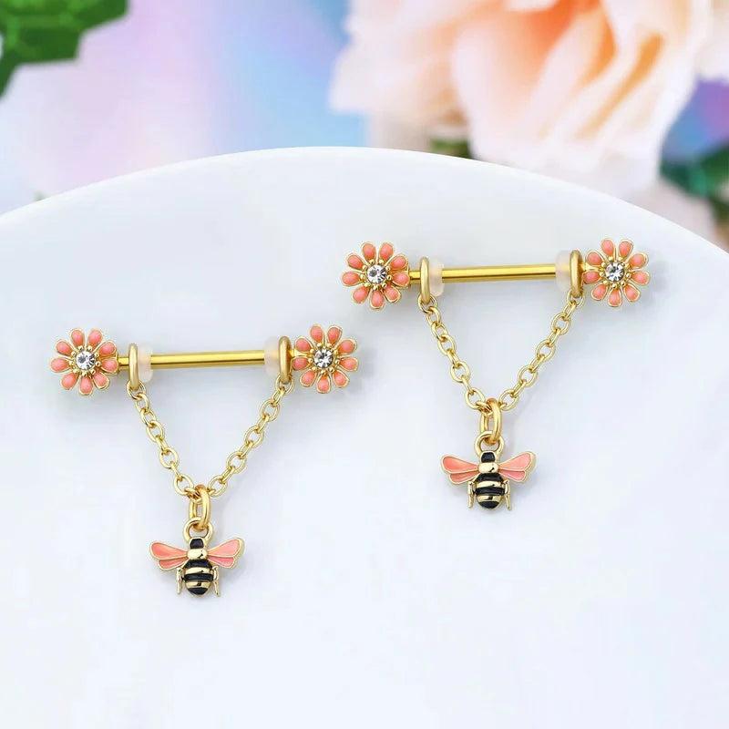 Chain Nipple Shield Rings Dainty Bee Nipple Piercing Barbells 14G Dangle Rings