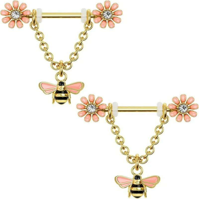 Chain Nipple Shield Rings - Dainty Bee Nipple Piercing Barbells 14G Dangle Rings
